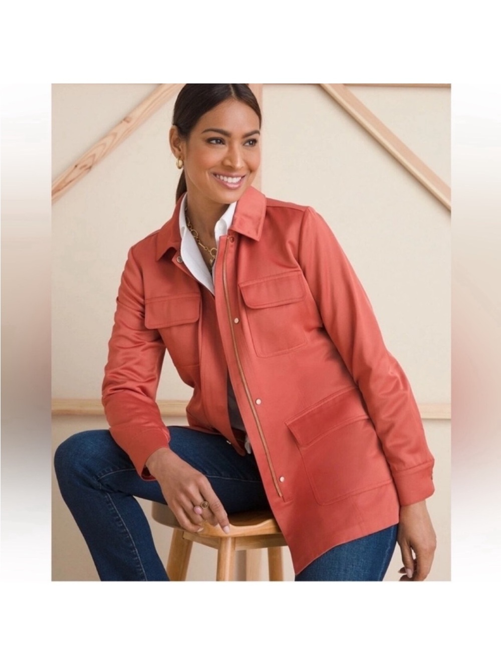 NWT Chico’s Satin Explorer Utility Jacket Sz XL/3 Red Orange Full zip& snap